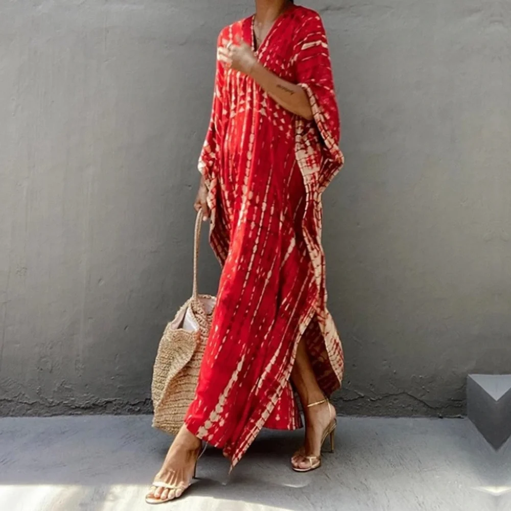 New Red Bohemian Tie Dye Kaftan Kimono Dress - Picture 1 of 5